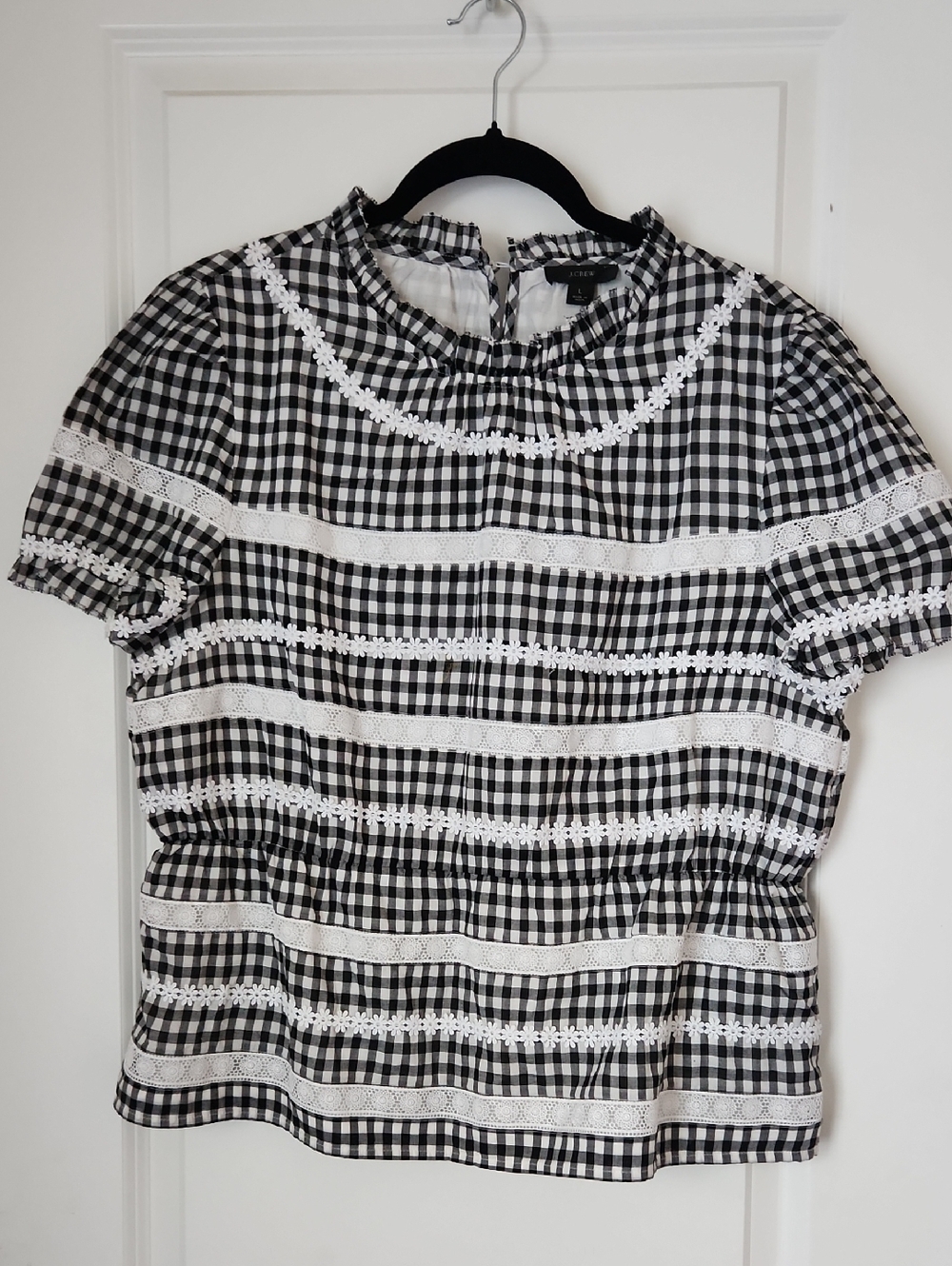 J. Crew Black and White Gingham Lace-Trim Blouse